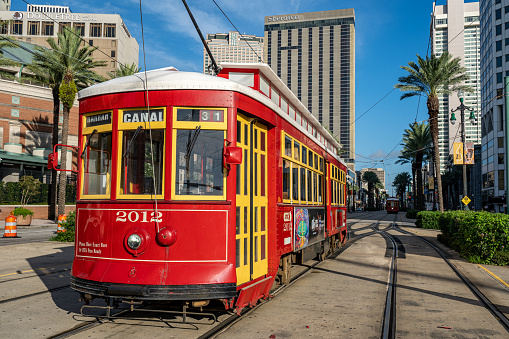 The famous red Canal Streetcar Line in downtown New Orleans, Louisiana.