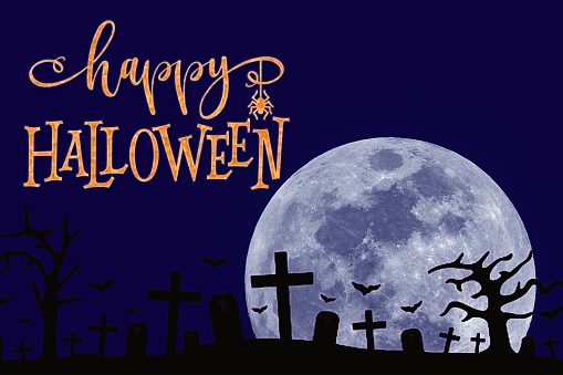 Happy Halloween card with cemetery and full moon