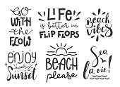 Summer hand drawn brush letterings. Beach themed typography - vibes, sea life, sunset, flow