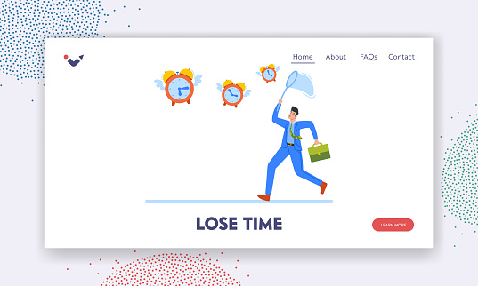 Time Management, Deadline, Loosing Time Landing Page Template. Anxious Businessman Catching Alarm Clocks Flying Out from Him. Procrastination, Low Working Productivity. Cartoon Vector Illustration