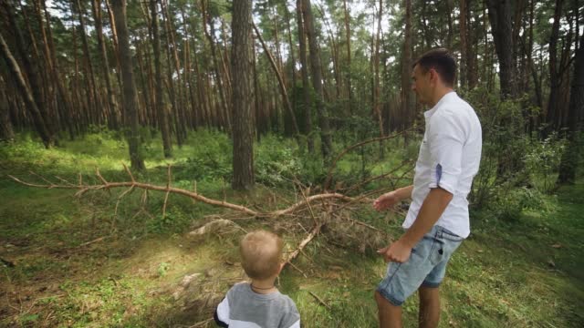 Father together son teenager carrying dry brushwood for fire in summer forest.