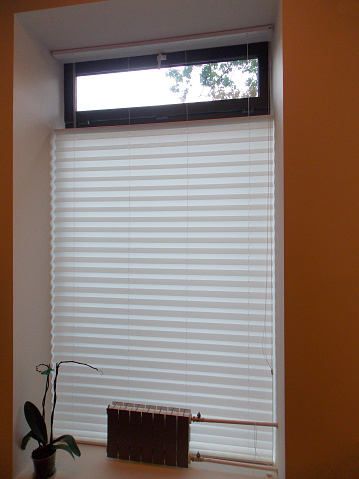 Pleated blinds XL, white color, with 50mm fold closeup in the window opening in the interior. Home blinds - modern top down bottom up privacy shades on apartment windows.