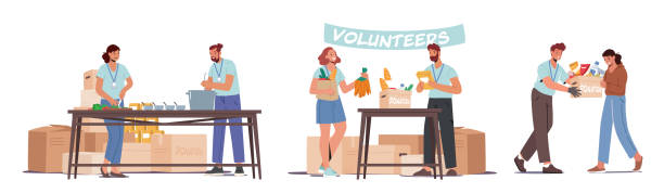 illustrazioni stock, clip art, cartoni animati e icone di tendenza di insieme di volontari che danno aiuto umanitario e aiuto ai poveri. i personaggi donano cibo per sostenere i rifugiati - volontariato