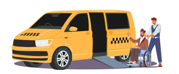 Vector illustration of Taxi Driver Help Disabled Person on Wheelchair to enter Transport. Cab Driver Assisting Invalid Man To Get Into Vehicle