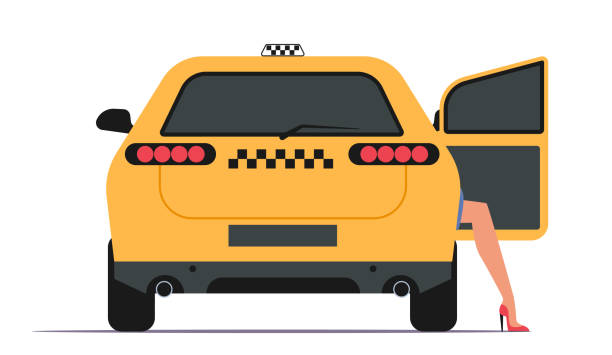 illustrations, cliparts, dessins animés et icônes de concept de service de taxi. passagère assise dans une voiture jaune avec porte ouverte et jambe à l’extérieur, personnage féminin sexy - vehicle door illustrations