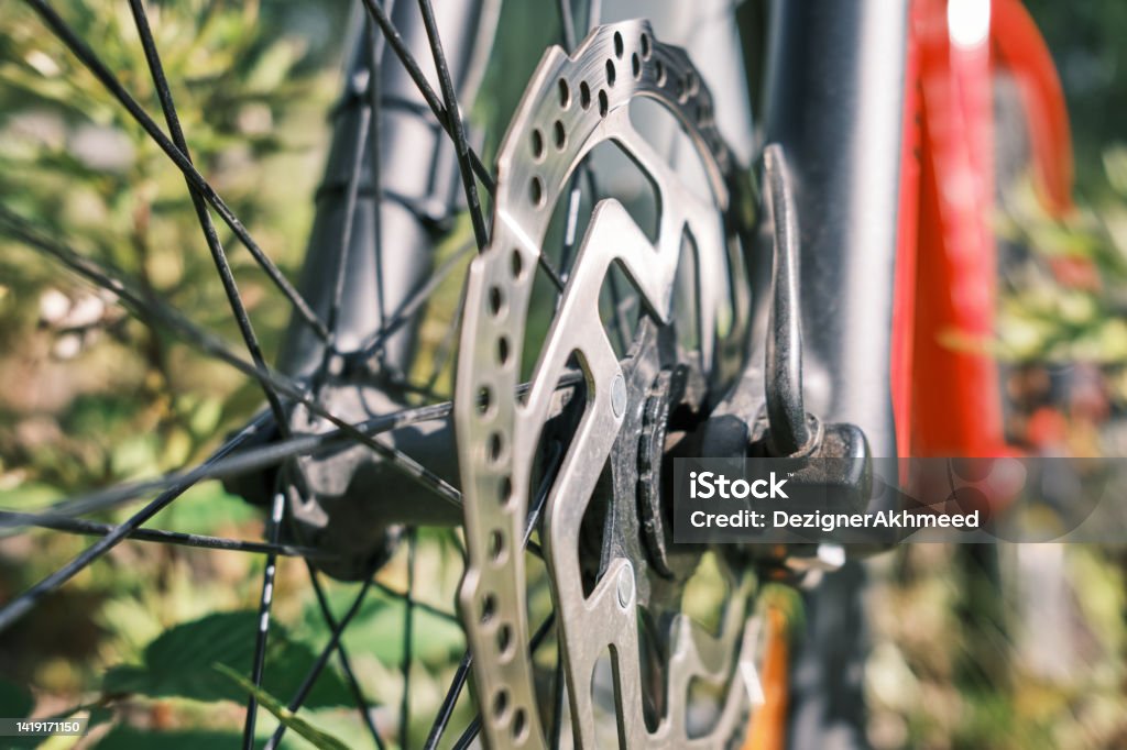 Wheel mounting lever and brake disc of a mountain bike close-up Brake Stock Photo