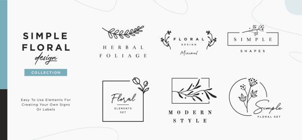 set of minimalistic elegant geometric floral elements. premade decorative fashion labels, signs. vector - 花商 幅插畫檔、美工圖案、卡通及圖標