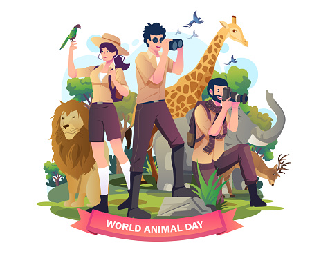 Animals Zoo keepers with the wild animals in the jungle zoo. World Animal Day, Wildlife Day concept design. Vector illustration in flat style