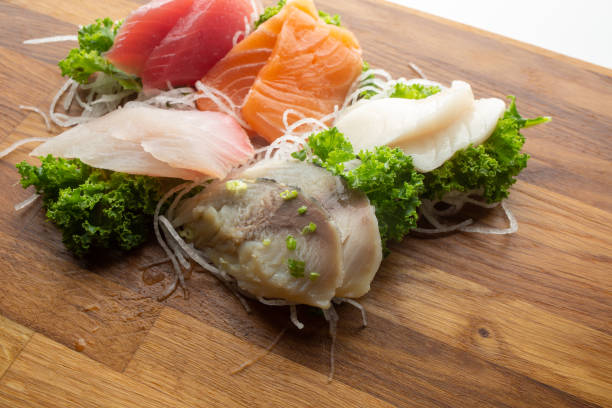 istock Sashimi on cutting board. Tuna, Salmon, White tuna, Mackerel, Yellow Fin 1419174437