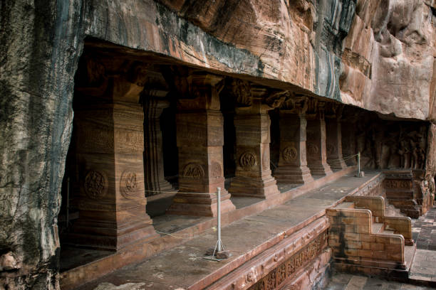 istock Outer look of Badami cave 3 with beautiful decorated pillars,India 1419174487