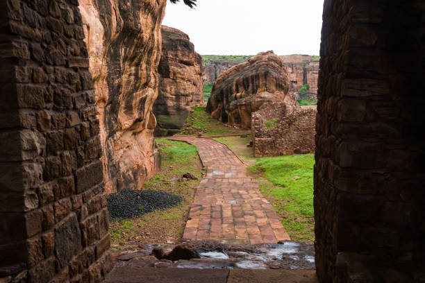 Stone pathway built between hills of Badami,karnataka