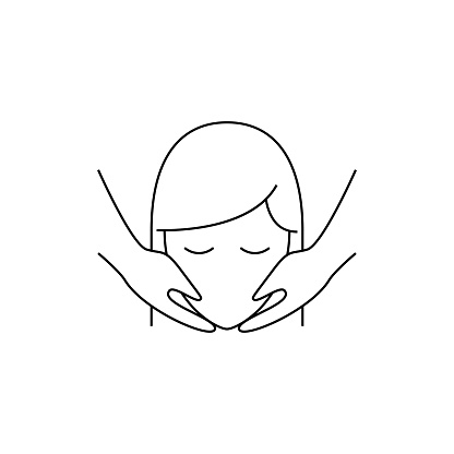 Face massage line icon. Woman, customer, hands touching face. Beauty care concept. Vector illustration can be used for topics like cosmetology, skin care, spa salon isolated