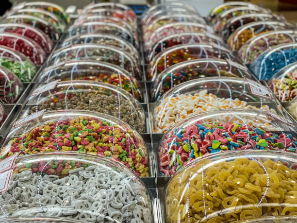 Sugary Sweet Snacks On Display In Plastic Containers At Mall