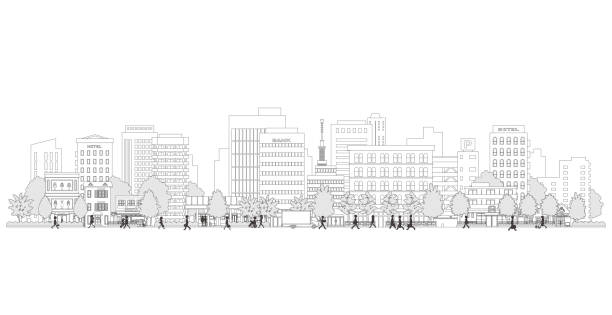 Vector illustration of people walking in a city street. Line drawing illustration. Vector illustration of building townscape stock illustrations