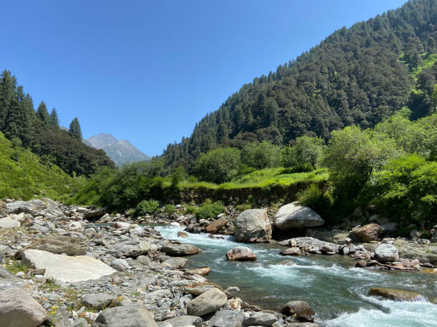 Beautiful green mountains and Uhl river flowing in Thamsar mountain trek, himachal pradesh, India Beautiful green mountains and Uhl river flowing in Thamsar mountain trek, himachal pradesh, India. Rivers Day stock pictures, royalty-free photos & images