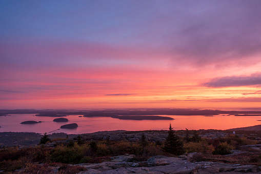 French Bay from summit of Cadillac Mountain at dawn, Acadia National Park, Mount Desert Island, Maine, USA