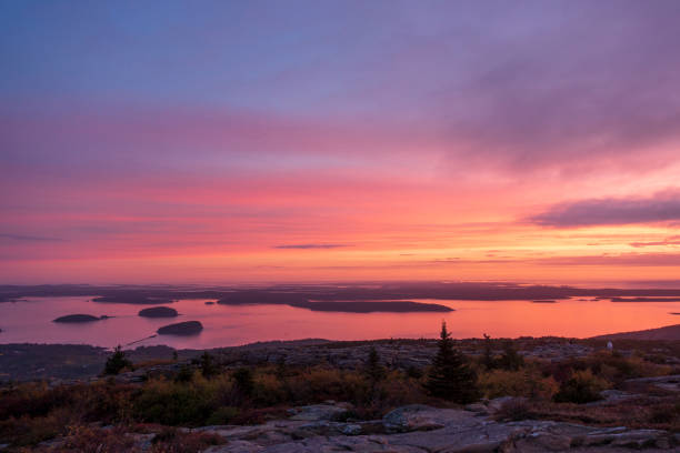 View from Cadillac Mountain at dawn stock photo