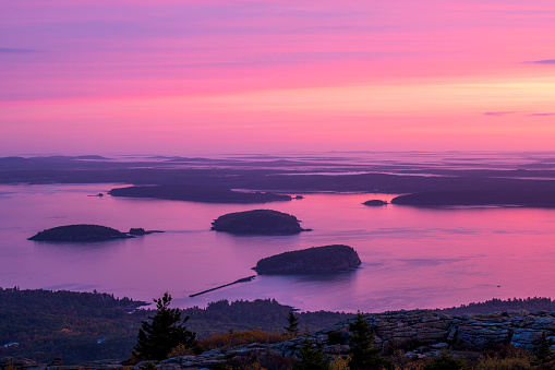 First light from the summit of Cadillac Mountain, Acadia National Park, Mount Desert Island, Maine, USA
