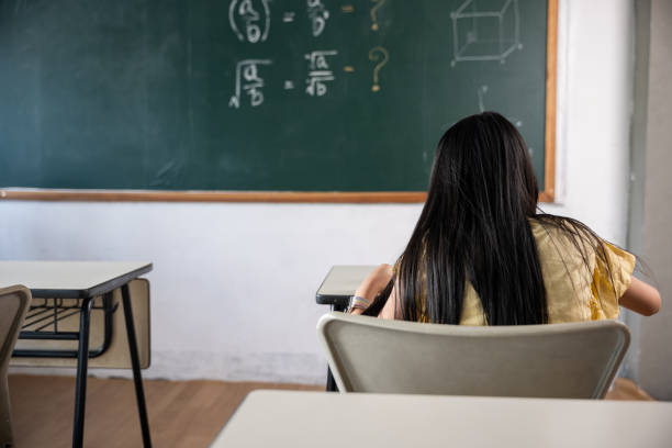 istock Back view of school girl on lesson in classroom write hardworking on blackboard 1419191573