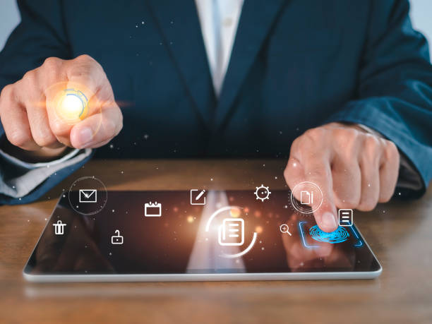 istock Hands of business man useing tablet use virtual screen E-commerce technology icons on virtual screen. Business global, social media marketing concept. 1419202093