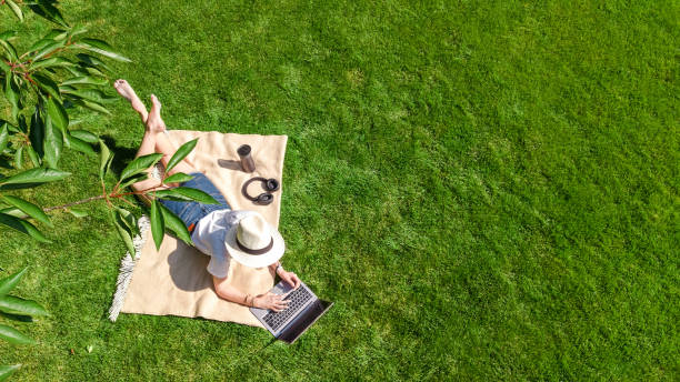 istock Young woman using laptop computer in park, student girl freelancer working and studying online outdoors sitting on grass with headphones and laptop, aerial drone view from above 1419203665