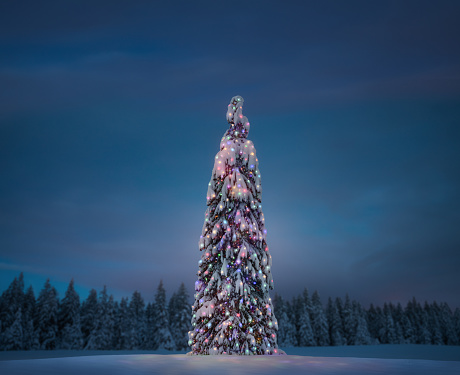 Holiday background with illuminated Christmas tree under night sky.