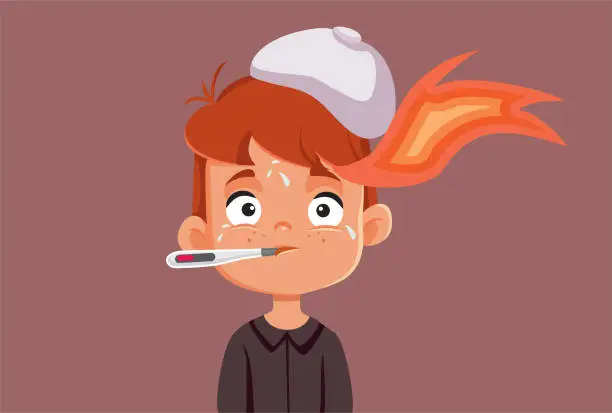 Vector illustration of Feverish Boy Burning up from Infectious Disease Vector Illustration
