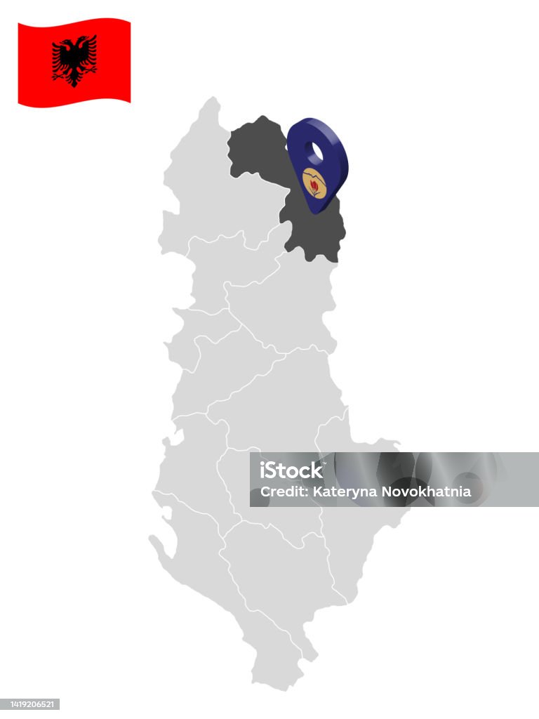 場所 地図上のクケス郡 アルバニアクケス郡の旗に似た3d位置標識あなたのデザインのためのアルバニアの地域との品質マップティッカー 3Dの