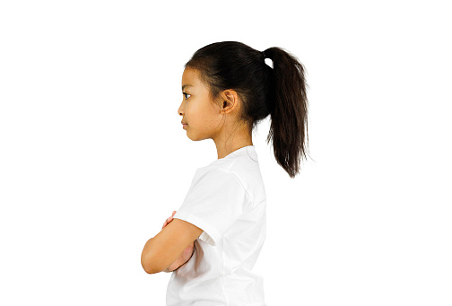 Asia little girl standing with folded arms isolated on white background with clipping path.