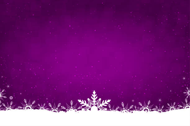 ilustrações, clipart, desenhos animados e ícones de fundo romântico de natal brilhante em roxo escuro, violeta ou ameixa ou cor mauve com neve branca e flocos de neve como babados de borda superior e inferior e estrelas brilhantes cintilantes por toda parte - glitter purple backgrounds shiny