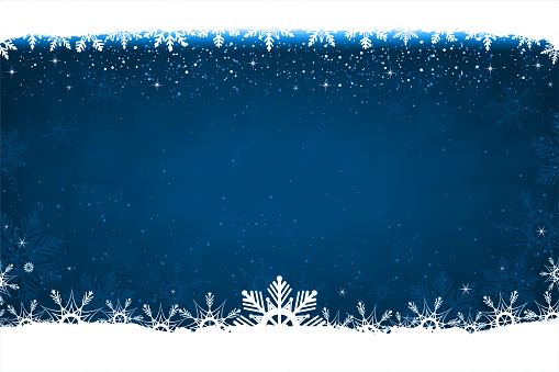 Xmas vector background in dark blue color with white snowflakes at top and bottom edges.. A frill border at the top and bottom of white snowflakes. Can be used as Christmas, New Year backdrop, wallpaper, gift wrapping paper sheet, greeting card template. There is no People, no text and copy space.