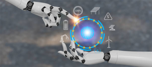 istock Mechanical arm with globe icon with fire energy sign surrounding it. 1419211894