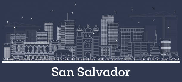 ilustraciones, imágenes clip art, dibujos animados e iconos de stock de esboza el horizonte de san salvador con edificios blancos. - inverse