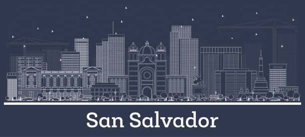 stockillustraties, clipart, cartoons en iconen met outline san salvador skyline with white buildings. - el salvador