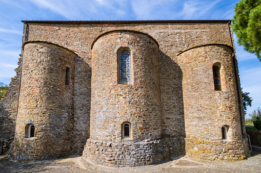 Rear view of the three apses of the Abbey of Farneta, located in the province of Arezzo