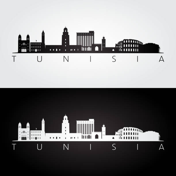 Tunisia skyline and landmarks silhouette, black and white design, vector illustration. Tunisia skyline and landmarks silhouette, black and white design, vector illustration. tunisia stock illustrations