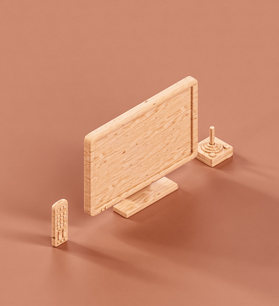 Isometric wooden tv, remote control and joystick on the flat color ground3d rendering, nobody
