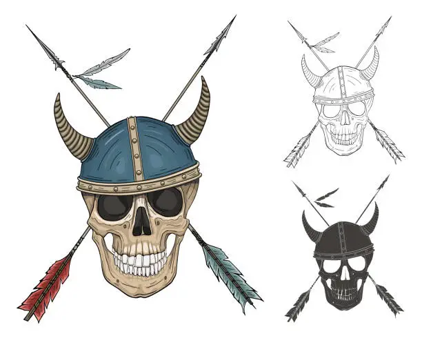 Vector illustration of Hand drawing of a skull in a horned helmet and two arrows