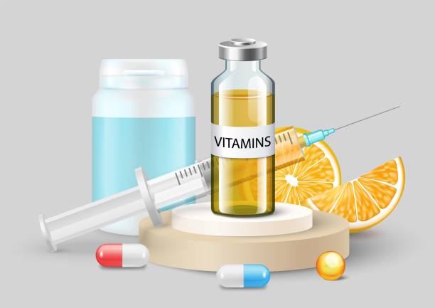 Intravenous vitamin and supplement pills vector poster Vitamin vector. Intravenous vitamin C, supplement pills, medicine vial, syringe with medical injection and orange slices. Healthcare and preventive medicine. Advertisement poster medical injection stock illustrations