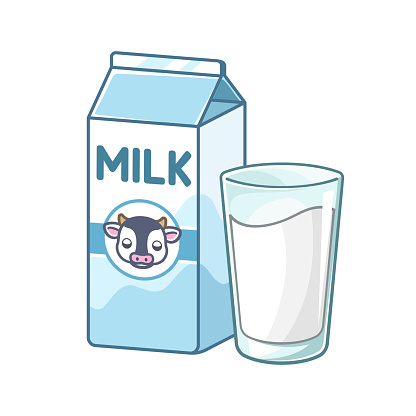 Tall glass of milk and milk carton box clipart. Cute simple flat vector illustration design. Vanilla flavor yogurt dairy drink print, sticker, infographic element etc.