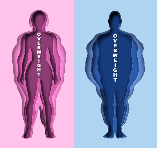 Overweight man woman silhouette paper cut vector Man and woman silhouette with overweight to athletic body paper cut vector. Obesity disease risk, eating disorder concept obesity stock illustrations