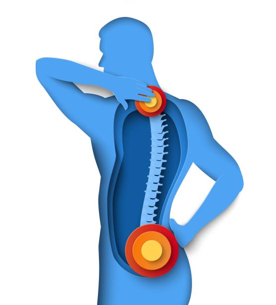 ilustraciones, imágenes clip art, dibujos animados e iconos de stock de hombre con dolor de cuello y espalda vector - dolor de espalda