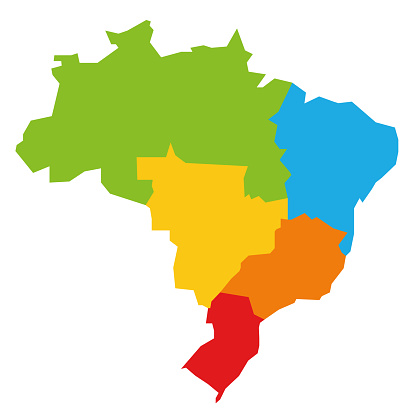Colorful political map of Brazil divided by color into 5 regions. Simple flat blank vector map