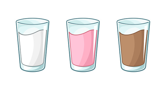 Glass of milk clipart vector illustration set. Vanilla milk, Chocolate milk and Strawberry milk in tall glass cup