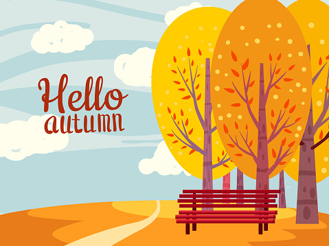 Hello Autumn landscape countryside scene, path, tree banner. Rural fall view fields, hills, cloud vector illustration cartoon style