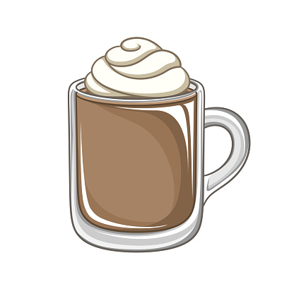 Chocolate beverage drink with whipped cream in tall glass mug clipart vector illustration.