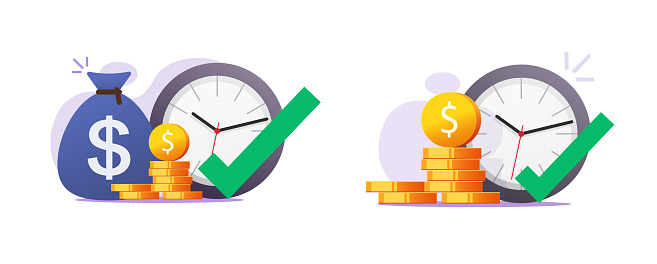 Money invest time icon vector, investments trade correct proper opportunity estimation, loan credit pay payment hour, capital pension plan profit, stocks market long income illustrated graphic