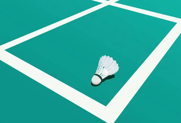 Vector illustration of shuttlecock on white line on green background badminton court indoor sport badminton wallpaper, vector illustration EPS 8