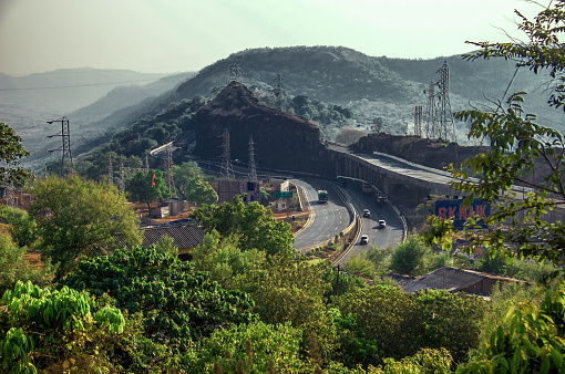 Mumbai-Pune expressway from Khandala ghat 14 Mar 2005. The expressway is one of the busiest roads in western ghat Maharashtra INDIA