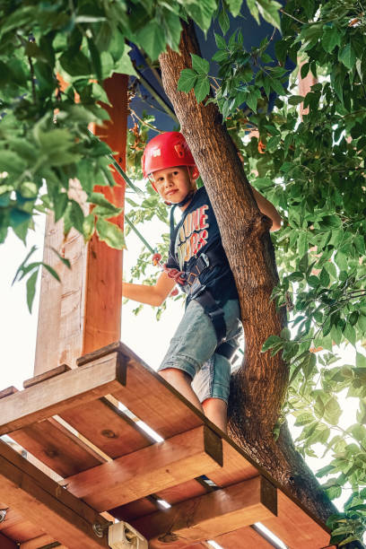 istock Boy standing on a wooden platform in a rope park 1419227068
